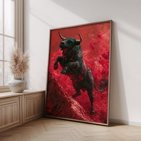 Charging Bull Wall Art Red Animal Poster Powerful Decor , Poster Print Only