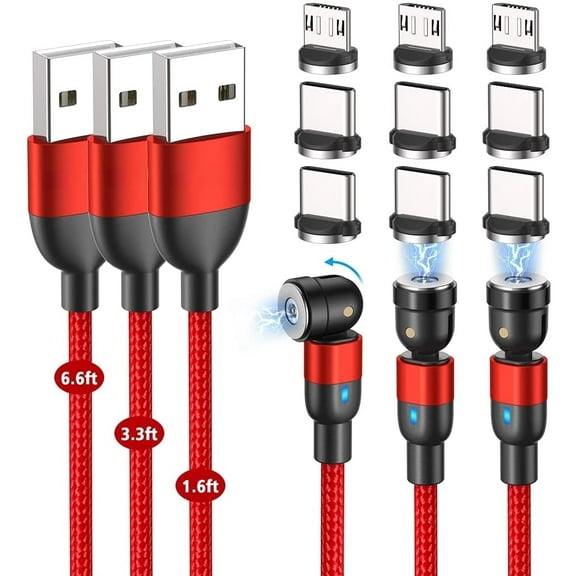 YXKJ Charging Cable(3-Pack, 1.6ft/3.3ft/6.6ft), 360°&180° Rotation Magnetic Phone Charger Cable, 3 in 1 Nylon Braided Magnetic Cable Compatible with Micro USB, Type C - Red