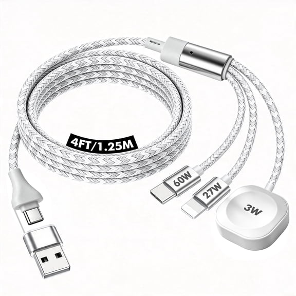 Atzeste 3-in-1 Fast Charging Cable 90W Charger, Type C/Lightning/Magnetic Multi Charge Dock with USB/Type C Input, Portable Designed for iWatch Series, iPhone 17-11, Car-4FT