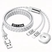Atzeste 3-in-1 Fast Charging Cable 90W Charger, Type C/Lightning/Magnetic Multi Charge Dock with USB/Type C Input, Portable Designed for iWatch Series, iPhone 17-11, Car-4FT