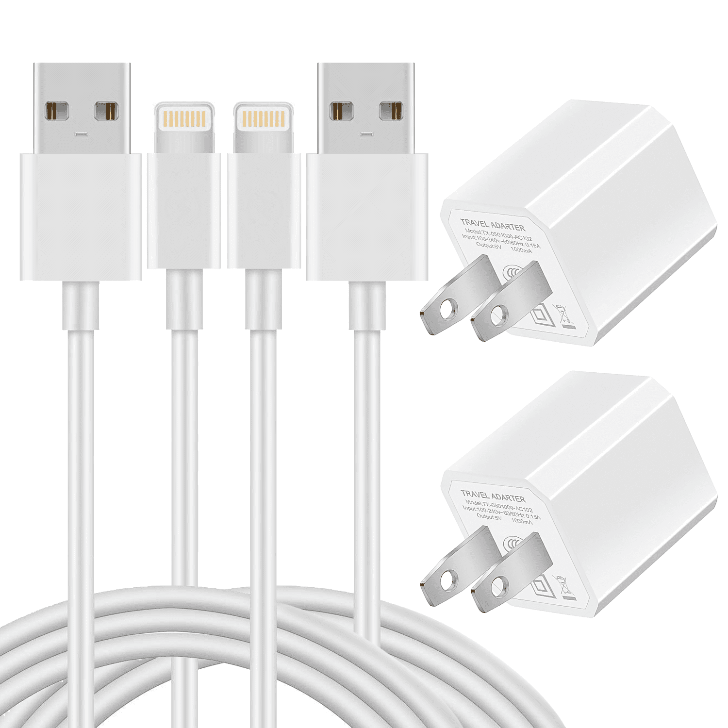 Charging Cables with Power Adapter Cube 2-Pack Cords with 2-Pack USB Wall Charger Block Plug Compatible iPhone X/8/8 Plus/7/7 Plus/6/6S/6 Plus/5S/SE/Mini/Air/Pro Case
