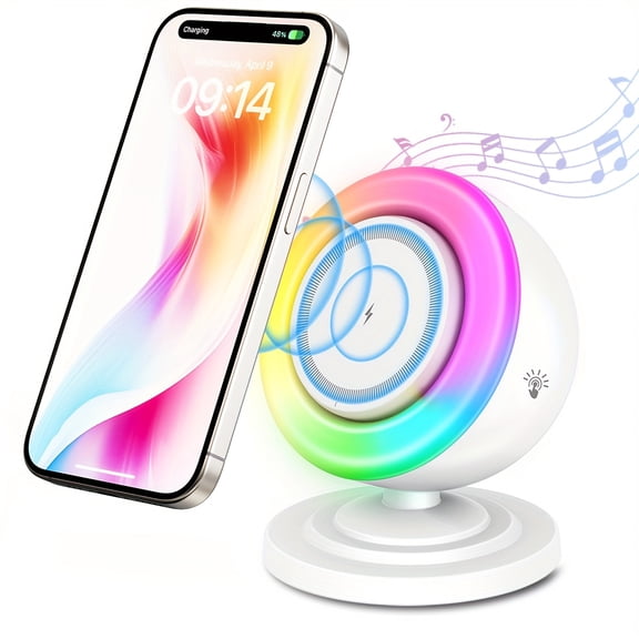 Charging Desk Lamp for iPhone 16 15 14 13 12 Series Magnetic Wireless Charger + Speaker + RGB Light Strip Touch Control Dimmable Bedroom Dorm Birthday Gift