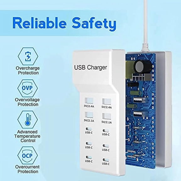 Charging Dock, 60W 10-Port Desktop Power Delivery Charging Station, Multi Port Adapter Outlets with Usb Ports, Office Charger Electronic Accessory for Charging, Lightweight