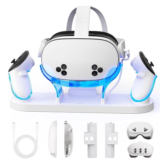 Charging Dock for Meta Quest 3 & Quest 3S, 2-in-1 Fast Charging Station with 2 Rechargeable Batteries, Charging Stand for Oculus Quest 3/3S Accessories, Charge VR Headset and Controllers