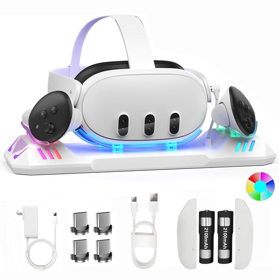 Charging Dock for Meta Quest 3/Quest 3S, Magnetic Charging Station for Oculus Quest 3 VR Headset & Controllers, with 2 Rechargeable 2100mAh Batteries, USB-C Charger and Cable, Supports LED Indicator