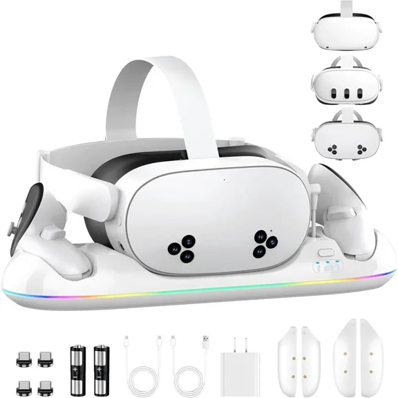 Charging Dock for Meta Quest 3S/3/2, 20W Magnetic Charging Station for Oculus Quest 3S/3/2 Accessories with Rechargeable 2X2100mAh Batteries, RGB Charging Stand for VR Headset & Controllers