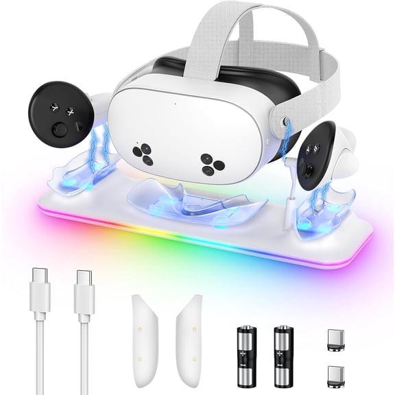 Charging Dock for Meta Quest 3S/3, Magnetic Charging Station for Oculus Quest 3S/3 Accessories with RGB Light, Charging Stand for VR Headset and Controller with 2 Rechargeable Batteries (White)