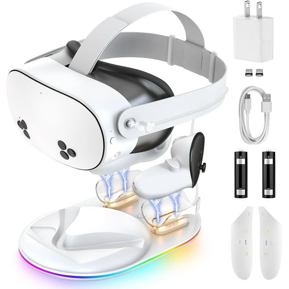 Charging Dock for Meta Quest 3S, Magnetic Charging Stand for Headset & Controllers with RGB Light, VR Charging Station for Oculus Quest 3S Accessories with 2 Rechargeable Batteries