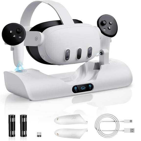 Charging Dock for Oculus/Meta Quest 3, LED Indicator Magnetic Fast Charging Station for VR Headset and Controllers, Accessories Wireless Stand Charger for Oculus Quest 3 with 2 Rechargeable Battery