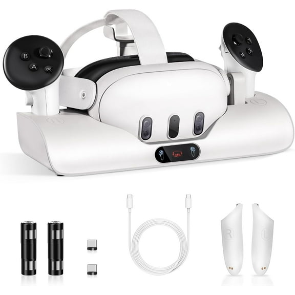 Charging Dock for Oculus/Meta Quest 3, LED Indicator Magnetic Fast Charging Station for VR Headset and Controllers, Accessories Wireless Stand Charger for Oculus Quest 3 with 2 Rechargeable Battery