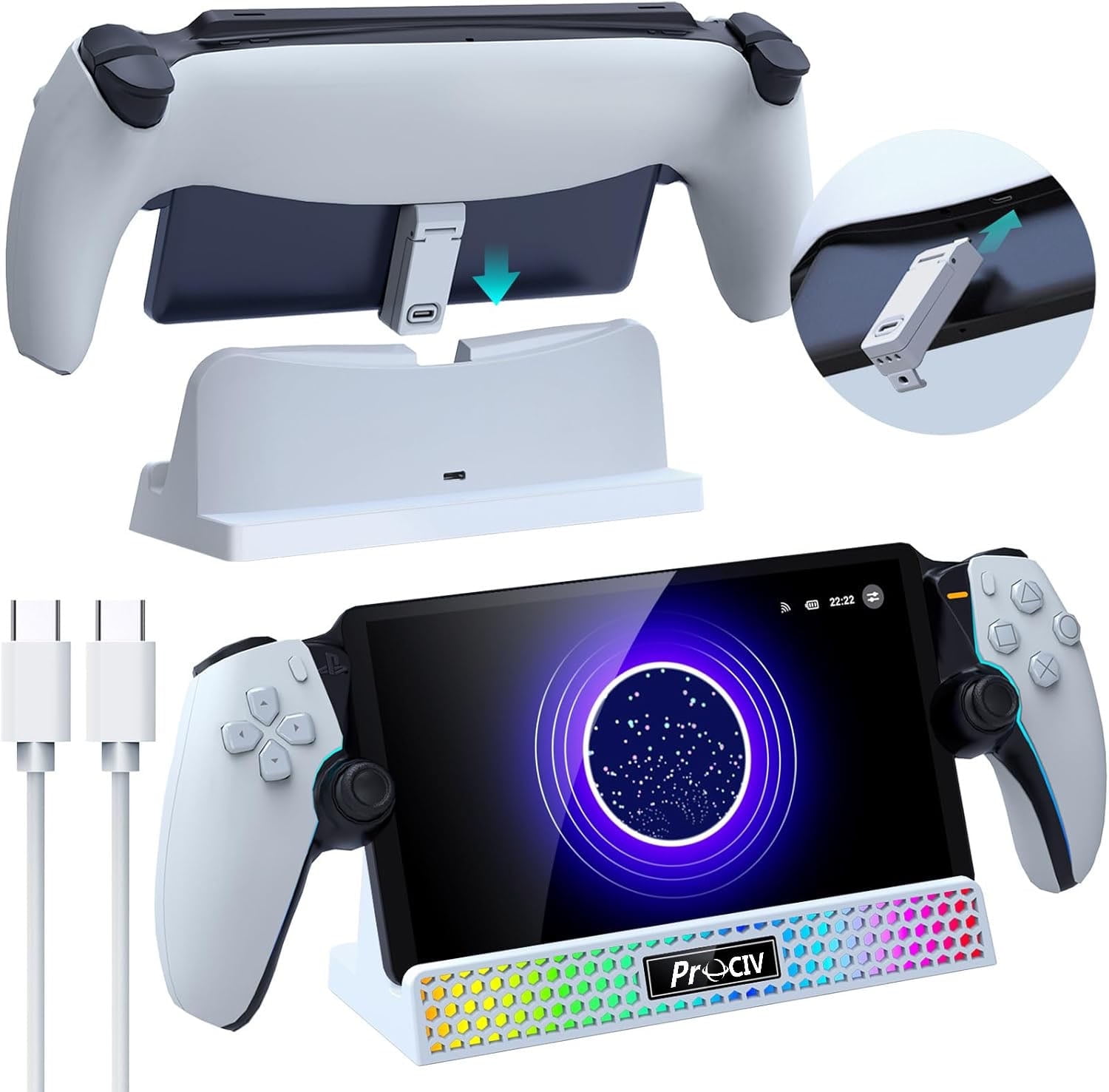 Charging Dock for PlayStation Portal, 3 in 1 Charging Stand for PS5 Portal with 14 RGB Light and 4.9ft USB C Charging Cable, Portable Charger Accessories for PlayStation Portal Remote Player(White)