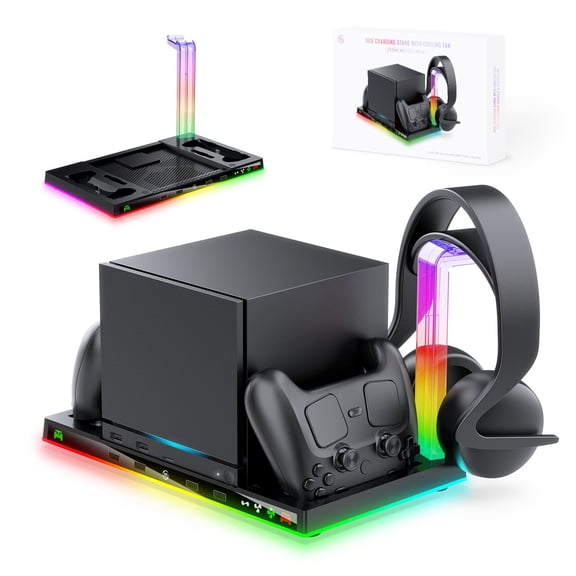 Charging Dock Stand for Steam Machine/Steam Controller, Storage Stand with Cooling Fan for Steam Controllers Puck & Headset with RGB Light