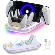 For PS Portal Charger, 3-in-1 Charger Dock for PS Portal and P5 Controllers, PS Portal Accessories with 14 RGB Lights, Type-C Cable - White