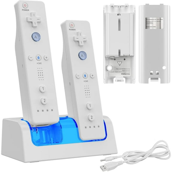 Charging Dock Station for Wii/Wii U, Charger Stand for Wii Remote with 2 Rechargeable Battery & Charging Cord-White