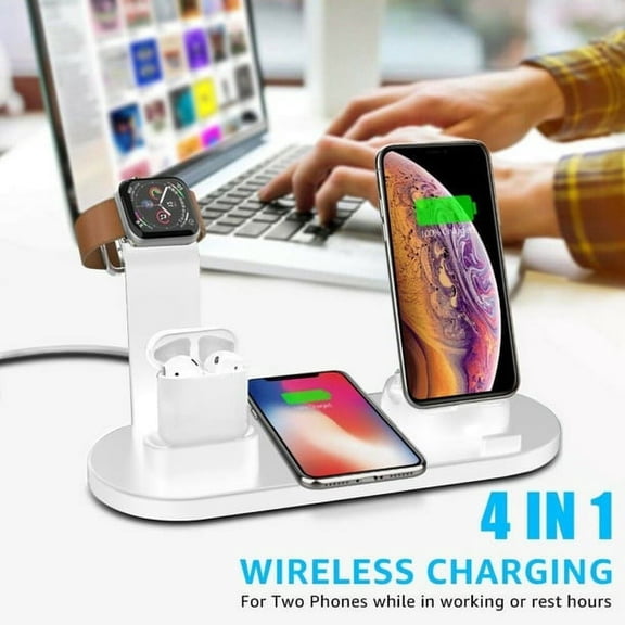 Charging Dock Stations - 4-in-1 Wireless Charging Pad Rotating Plug Multi-Device Charger for Apple iPhone AirPods iWatch Samsung Galaxy S20 and Other Qi-Enabled Devices White