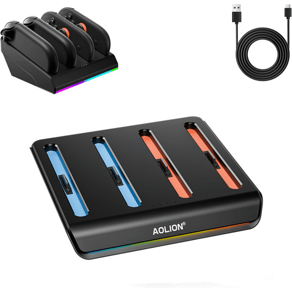 Charging Dock for Switch 2 Joycon, Switch 2 Accessories Charger Station for Joycon, 4-in-1 Magnetic Fast Charger with RGB Light Modes, Smart Chip, Anti-Slip Base, USB-C Cable Included