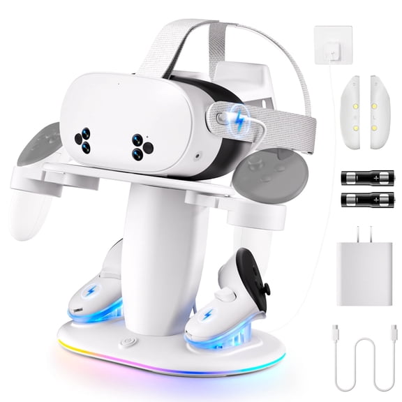 Charging Dock for Meta Quest 3S/Quest 3/Quest 2 with RGB Light, Universal VR Headset and Controller Charging Station Display Stand Accessories, Charger Stand with 2 Rechargeable Battery