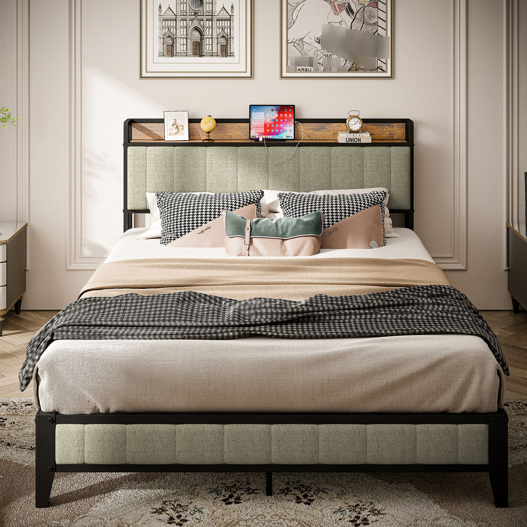 Charging Function & Unique Angle Iron Legs - Queen Bed Frame in Bedroom