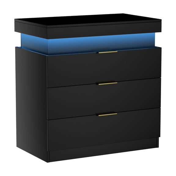 Charging Nightstand with Sliding Top and LED Lights, 28.8"W Bedside Table