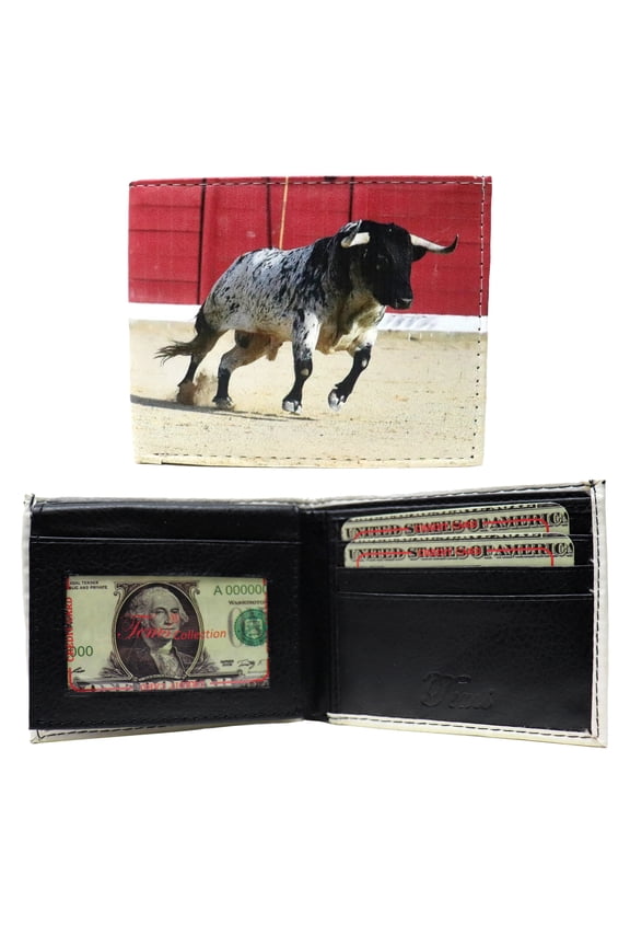 Charging Raging Bull Image Leather Bi-Fold Bifold Wallet