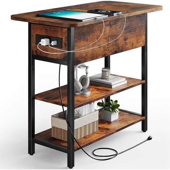 Charging Side Table with Flip Top, USB Ports and Outlets, Berry Brown Rustic End Table with Storage Shelves