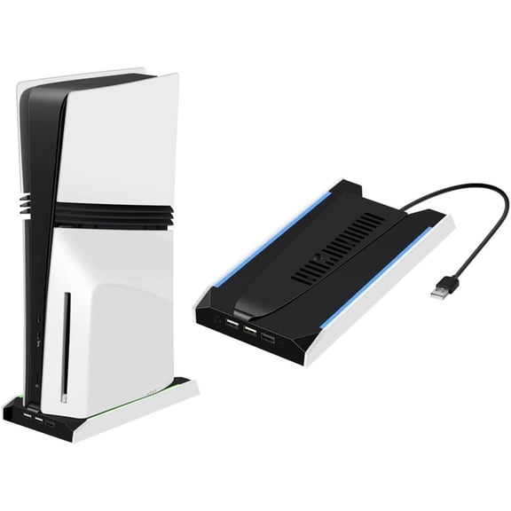 Charging Stand with Cooling Fan for PS5 PRO/for PS5 Slim Digital/Disc Console, Cooling Stand Charger with 8 RGB Lights, with 3 Level Cooling Fan 3 USB Port