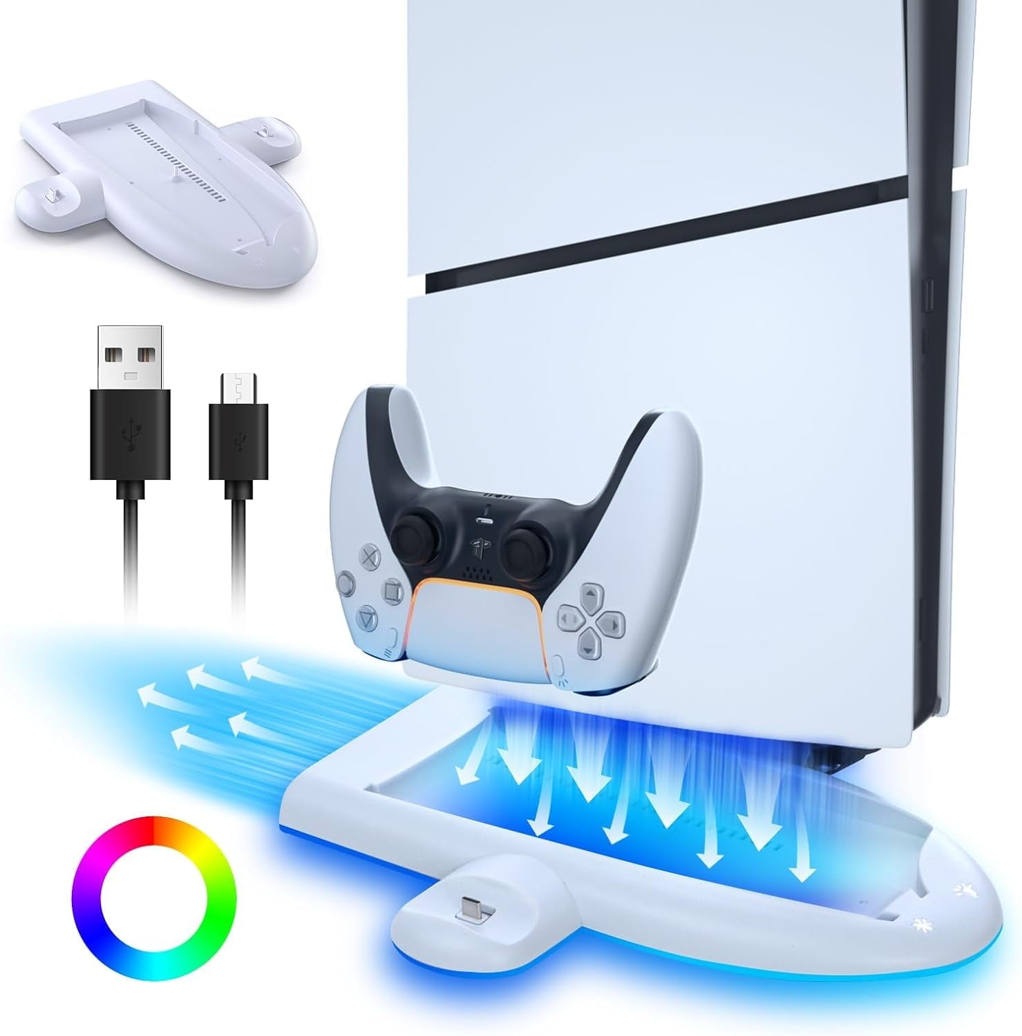 Charging Stand with Cooling Fan for PS5 Slim Console, Dual Controller Charger Station with 9 RGB Light for DualSense/Edge, Quiet Cooling System Accessories for Playstation5 Slim Digital/Disc