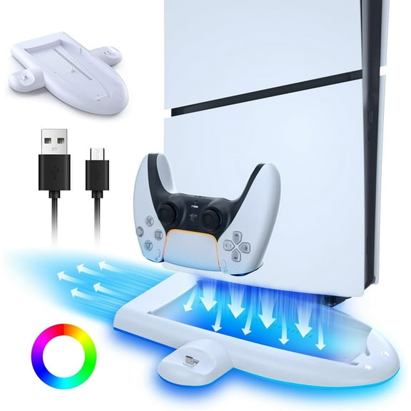 Charging Stand with Cooling Fan for PS5 Slim Console, Dual Controller Charger Station with 9 RGB Light for DualSense/Edge, Quiet Cooling System Accessories for Playstation5 Slim Digital/Disc