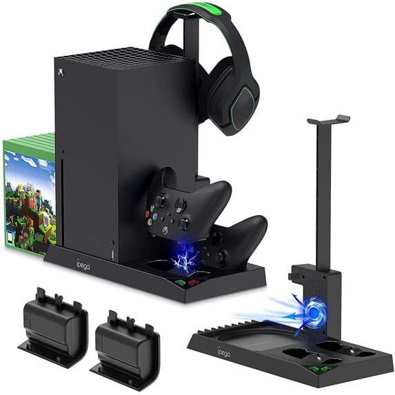 Charging Stand with Cooling Fan for Xbox Series X Console and Controller,Vertical Dual Charger Station Dock Accessories with 2 x 1400mAh Rechargeable Battery and Cover,Headset Stand and 10 Game Slots