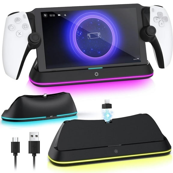 Charging Stand for PlayStation Portal, Enhanced Stability Charger Dock or Station with On/Off RGB Light and Type-C Cable, Pogo Pin Adapter and 30° Comfort Angle Design for PS Portal (Black)