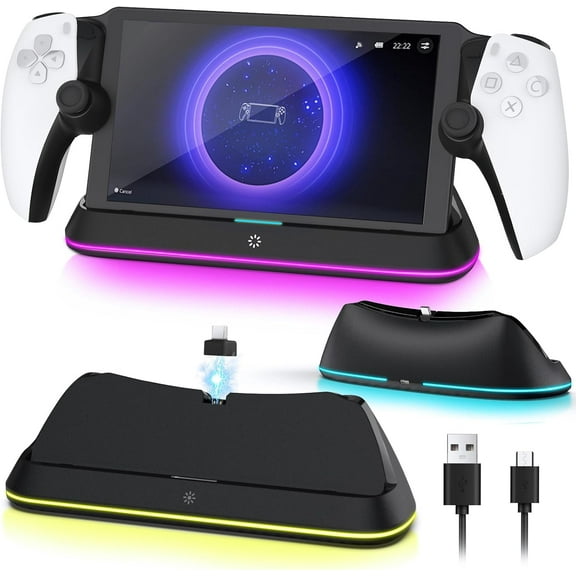 Charging Stand for PlayStation Portal, Enhanced Stability Charger Dock or Station with On/Off RGB Light and Type-C Cable, Pogo Pin Adapter and 30° Comfort Angle Design for PS Portal (Black)