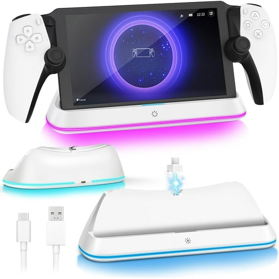 Charging Stand for PlayStation Portal, Enhanced Stability Charger Dock or Station with On/Off RGB Light and Type-C Cable, Pogo Pin Adapter and 30° Comfort Angle Design for PS Portal (White)