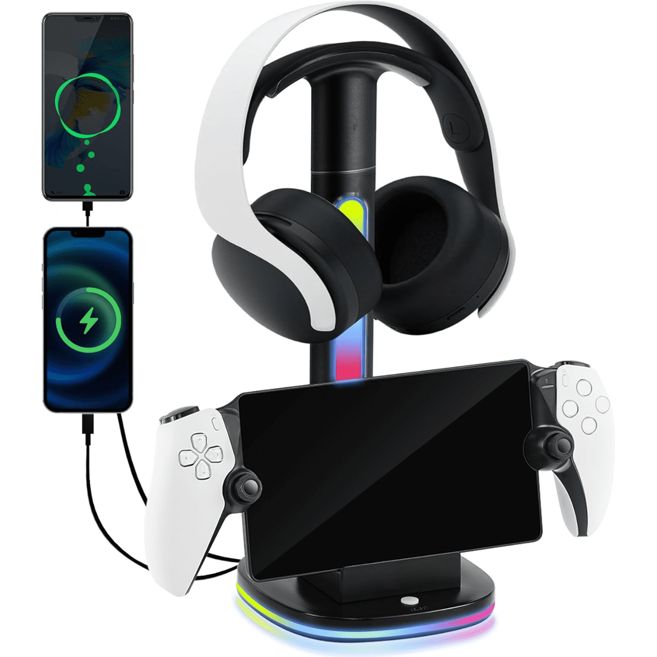 Charging Stand for PS Portal with RGB Headphone Stand, Gaming Headset Base with 2 USB Charging Ports, Charger Dock Station Accessories for PS5 Portal Remote Player-Black