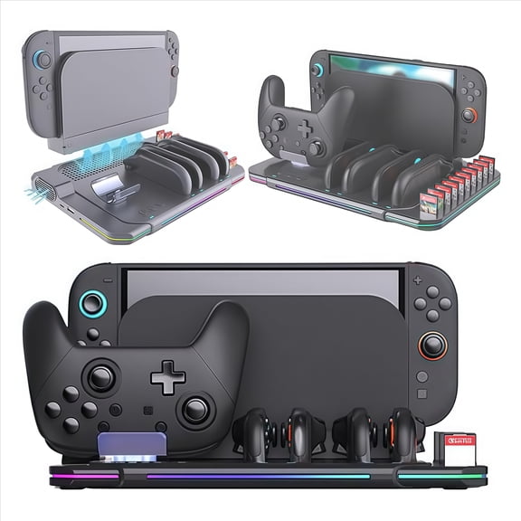 Charging Stand for Switch 2 with Built-in Cooling Fan, Integrated Design for Heat Dissipation, Storage, Charging Status Indicator Light, and RGB Ambient Lighting-Black