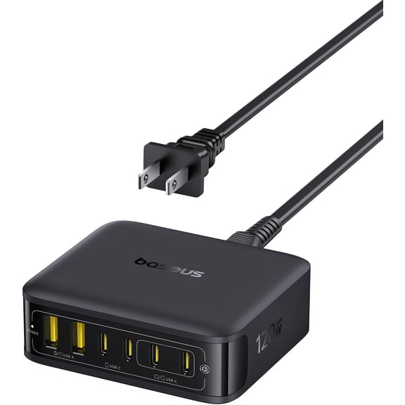 Charging Station 120W, 6-in-1 USB-C PD Fast Charging Desktop Charger with 5ft Extension Cord, 4 USB C, 2 USB A Ports, Travel Power Strip for iPhone 17/16, iPad Pro, MacBook Pro, Tablet and More