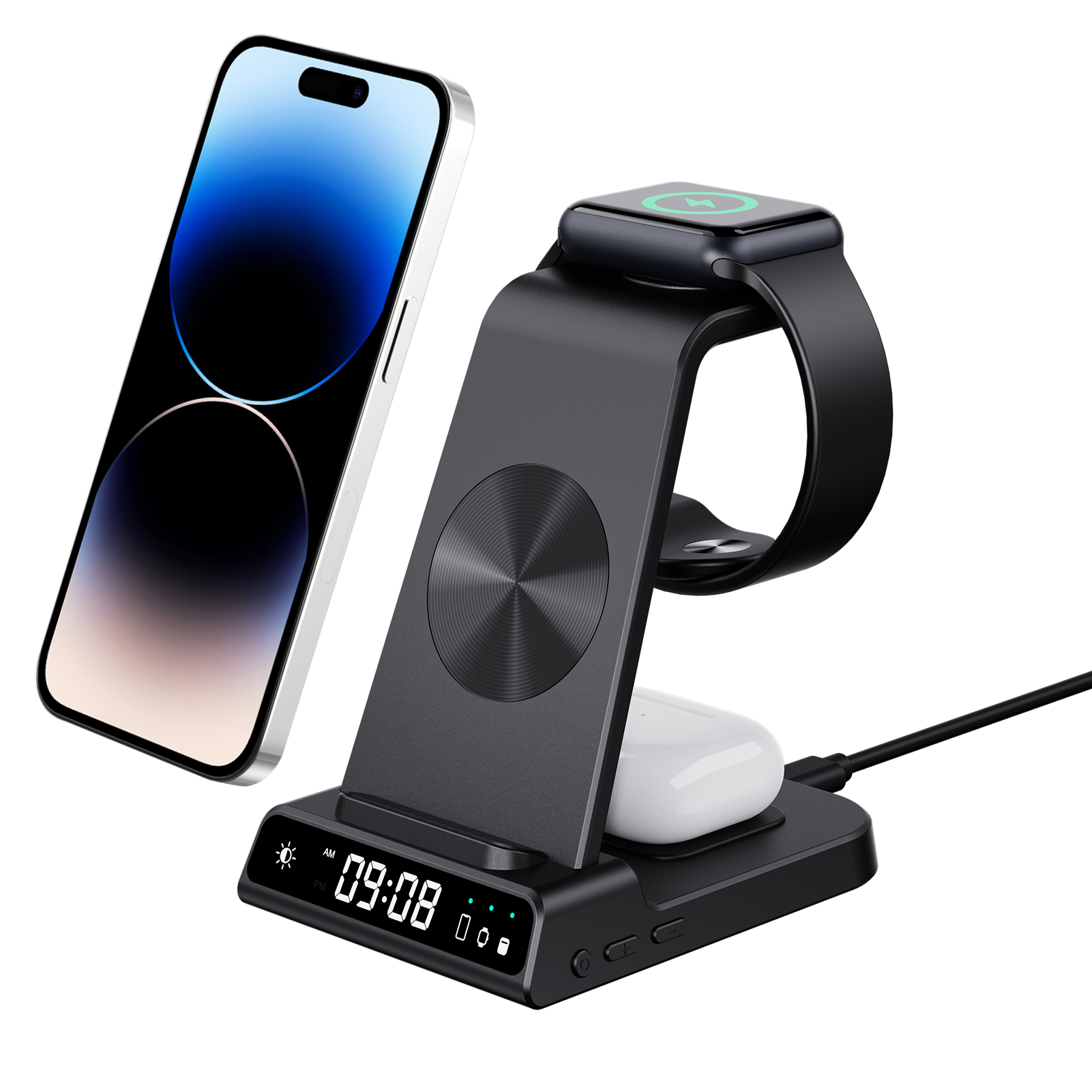 Charging Station for Apple, Wireless Charger 4 in 1 with Digital Clock