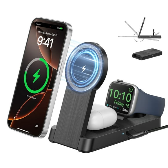 3 in 1 Mag-Safe Charging Station - ETEPEHI 2025 Wireless Charger Compatible for iPhone 16/15/14/13/12 Plus Pro Max, Foldable Portable Charger Dock for iWatch & AirPods