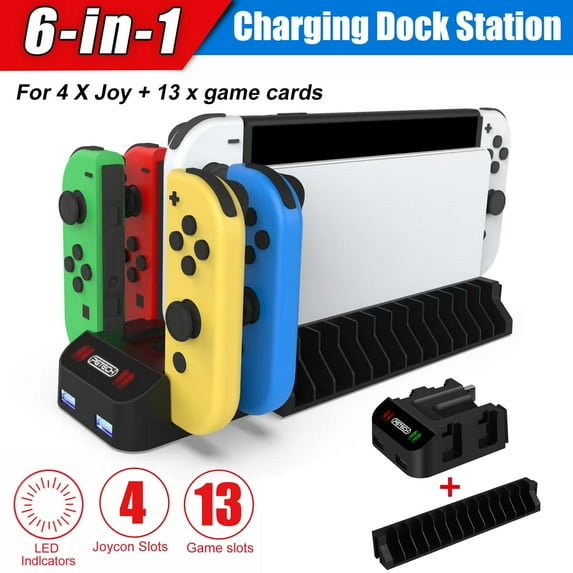 Charging Station Fit for Nintendo Switch, Switch OLED, Joy-con, 6-in-1 Fast Controller Charging Dock, Multifunctional Portable Charger Stand with LED Indicator, 13 Game Card Slots