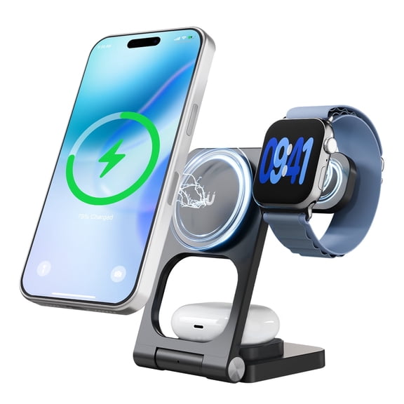 Charging Station, Magnetic Wireless Charger for iPhone 17 16 15 14 13 12, for iWatch, for AirPods 4 3 2, 3 in 1 Charging Pad with Foldable Design, Black