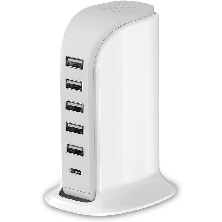 Charging Station for Multiple Devices 40W Upoy, Wall Charger Block 5 USB  Ports(Shared 6A), USB Charging Hub Smart IC, Charger Tower with Type-C 3A  for iPhone iPad Tablets Smartphones, Home Office Use 