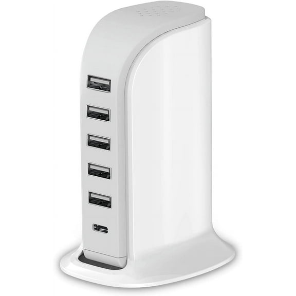 Charging Station For Multiple Devices 40W , Wall Charger Block 5 USB Ports(Shared 6A), Tower Charging Station with Type-C 3A for iPhone iPad Tablets Smartphones, Home Office Use, Travel Accessories