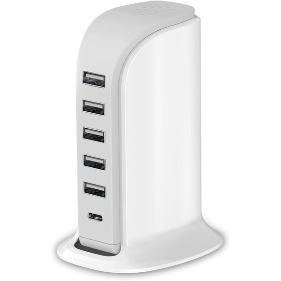 Charging Station for Multiple Devices 40W , Wall Charger Block 5 USB Ports(Shared 6A), USB Charging Hub Smart IC, Charger Tower with Type-C 3A for iPhone iPad Tablets Smartphones, Home Office Use