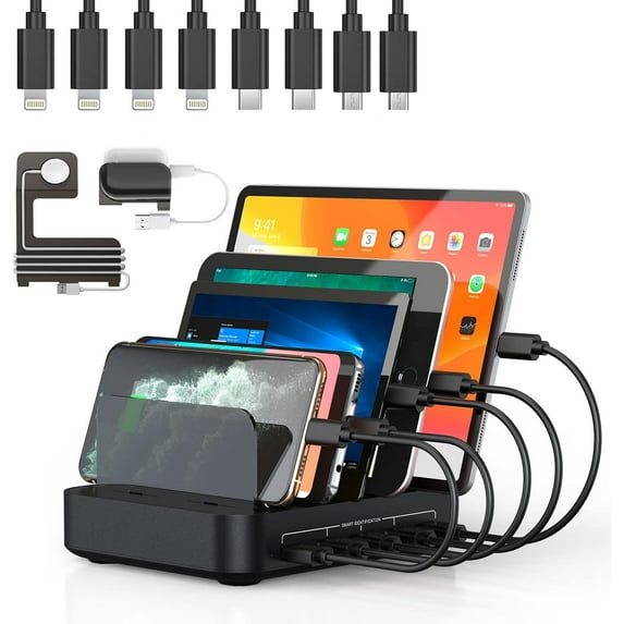 Charging Station for Multiple Devices, 5 in 1 Multi USB Charger Station with iWatch & Airpod Stand and 8 Mixed Short Cables, 50W Charging Dock Compatible with iPhone, iPad, Cell Phone, Tablets
