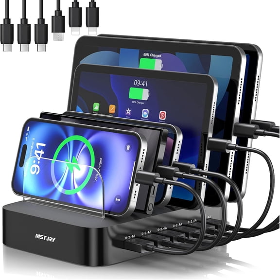 Charging Station for Multiple Devices : 6 Port USB Charger Stations - Family Multi-Device Organizer Dock Designed iPhone iPad Android Cell Phone Tablet and Electronic,