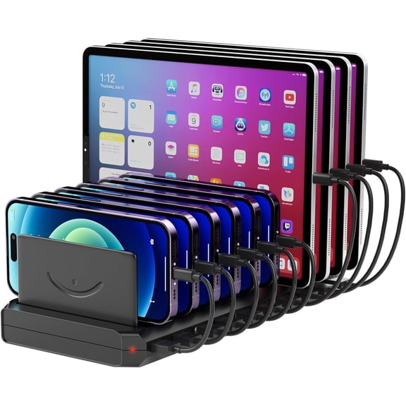Charging Station for Multiple Devices, 60W 10 Port USB Fast Charging Station with Adjustable Dividers, Compatible with iPhone, iPad, Tablets and Cell Phone (Black)
