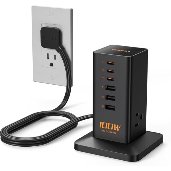 Charging Station for Multiple Devices, 9-in-1 USB C for iPhone 17/16/15, MacBook, Tablet, Desktop Phone Fast Charger with 3 AC, USB Charger, Home Drom Office Accessories, Black-100W