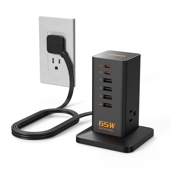 Charging Station for Multiple Devices, TESSAN 9-in-1 USB C Power Strip for iPhone 17/16/15, MacBook, Tablet, Desktop Phone Fast Charger with 3 AC, USB Charger, Home Drom Office Accessories, Black-65W