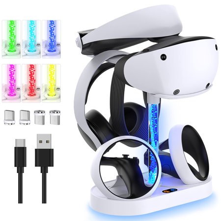 Charging Station for PS VR2 with RGB Light, Vertical Charging Stand for PlayStation VR2, Game Controller Charging Peripherals-White