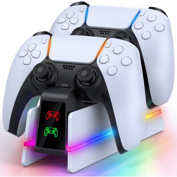 Charging Station for Dualsense & Edge Controller with 9 RGB Color Lights, Fast Charging Dock and Controller Stand for PS5/Slim/Pro Gamepad-White