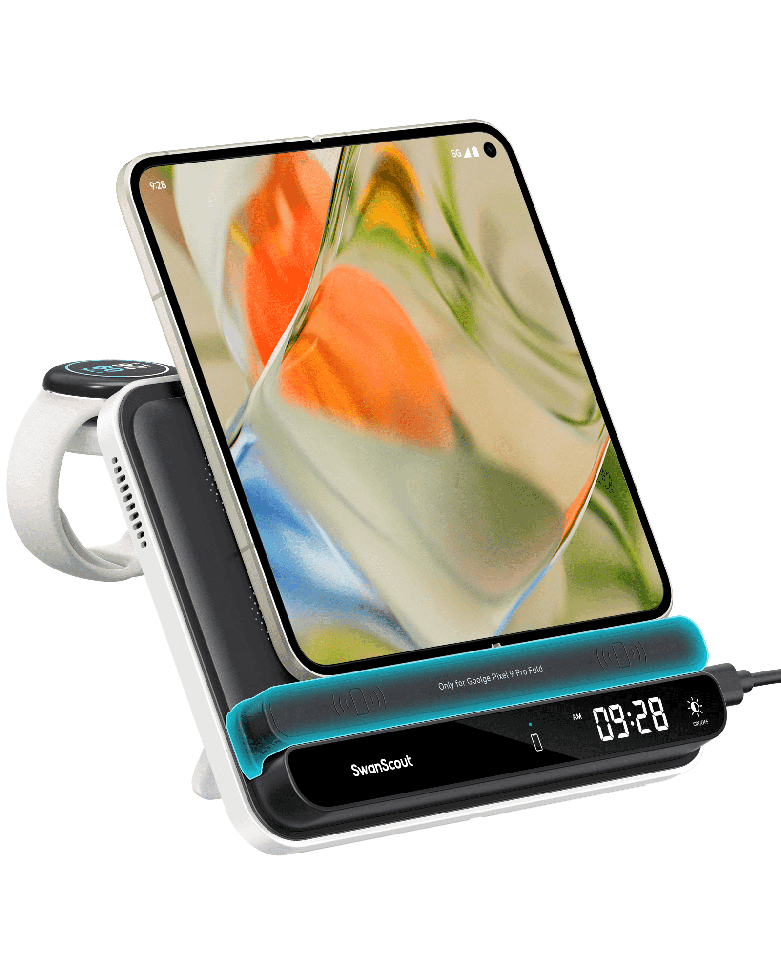 Charging Station for Pixel 9 Pro Fold/Pixel Fold/9 Pro/8 Pro/8a/7, Wireless Charger for Pixel Watch 3/2/Fitbit Versa 4/3/Sense 2/ACE LTE (Not for Pixel Watch 1), SwanScout 710FG2